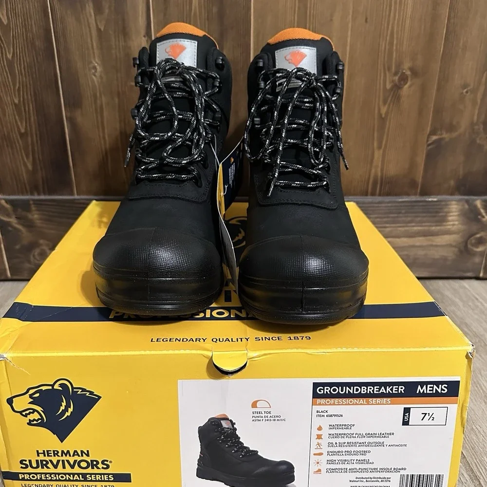 Herman Survivors Groundbreaker Men 7.5 Black Work Boots Steel Toe Waterproof NEW